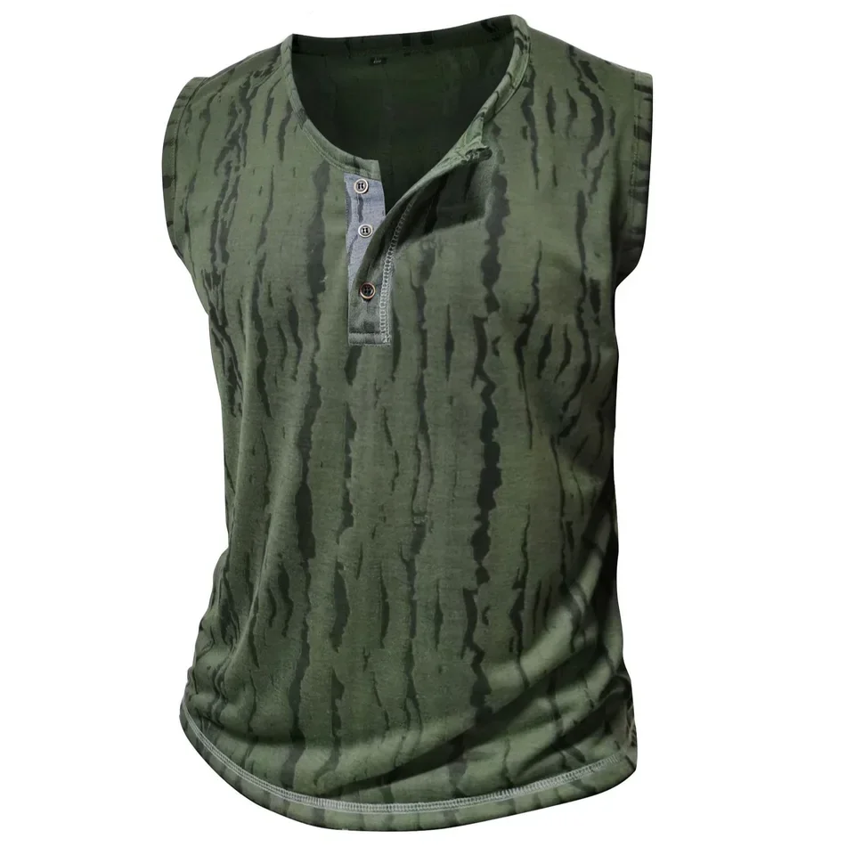 2025 Summer New Fashion American Men's O-neck Sleeveless Casual Trendy Printed Button Pullover Tank Tops Male Clothes T-shirts