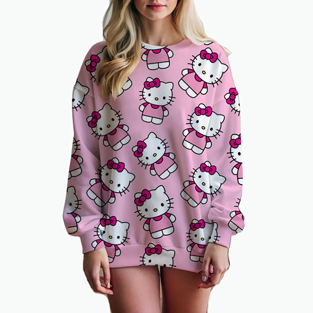 O Neck Hello Kitty Women\'s Long Sleeve Sweatshirts Autumn Lovely 2024 Leisure 3D Print Pullovers S-3XL Youthful Woman Clothes