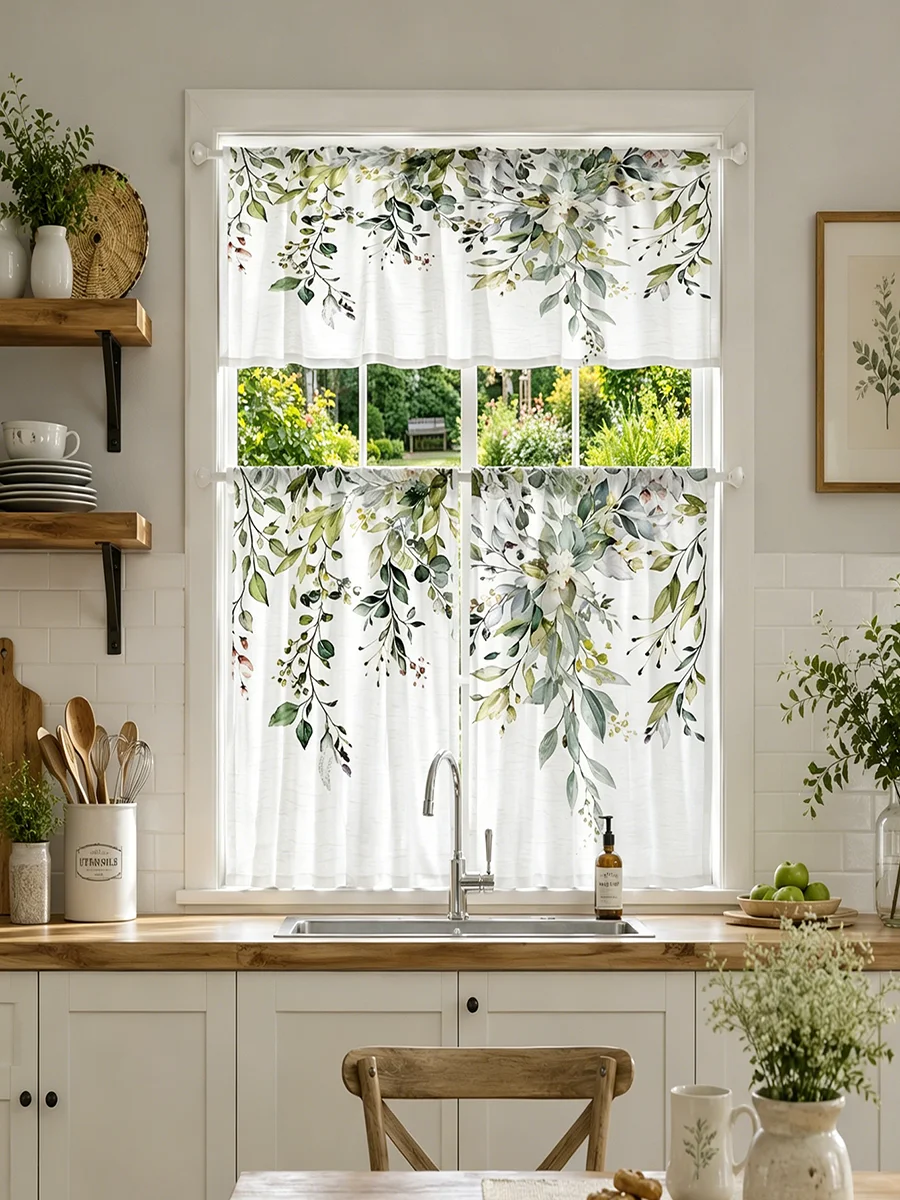  Digital Print Curtains Watercolor Eucalyptus Leaf Fresh Farmhouse Kitchen Cafe Home Decor Drapes