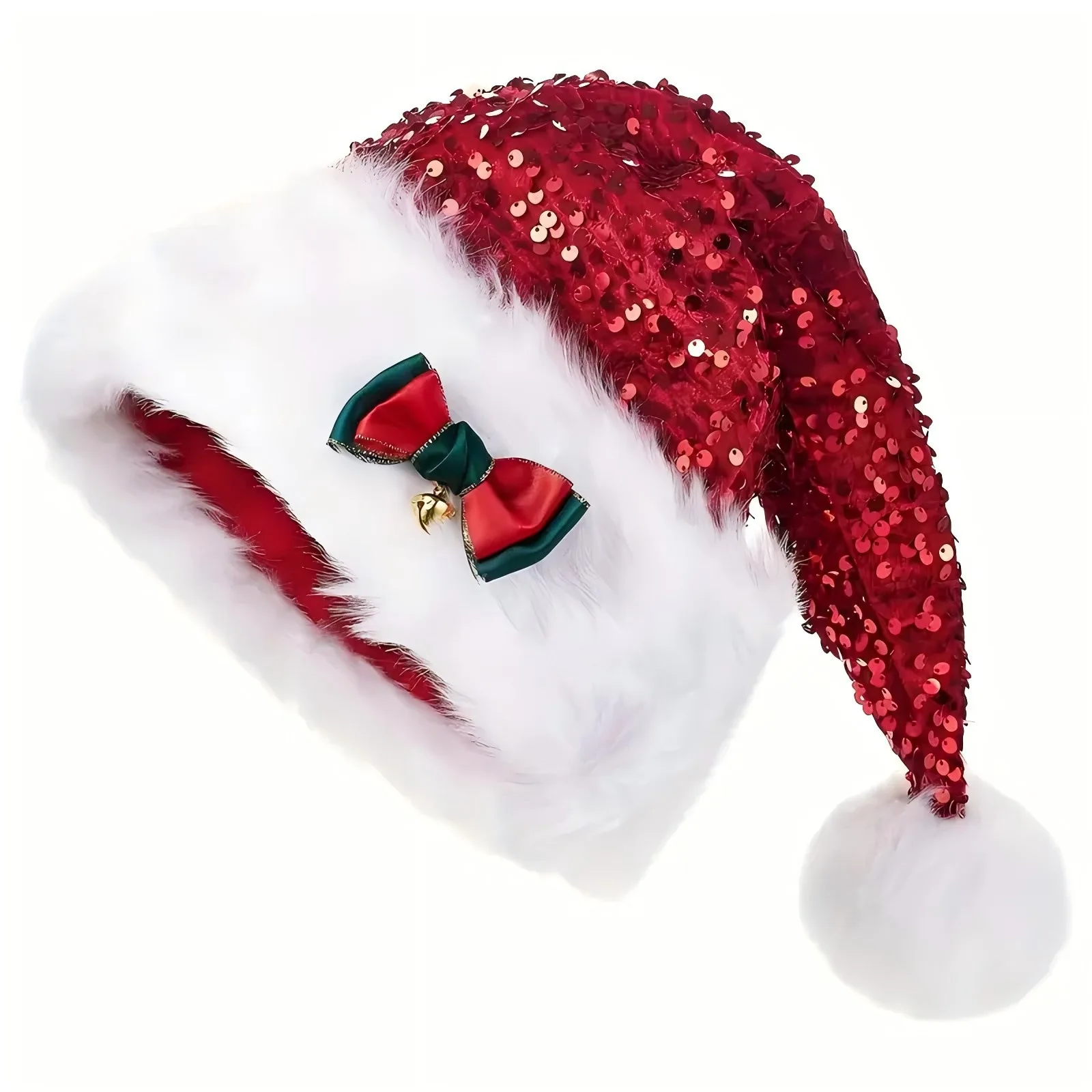 New Christmas Hat Red Sequin Bowknot Design Double Layer Plush Extra Thickened Long Furry Decorative Christmas Cap for Holiday