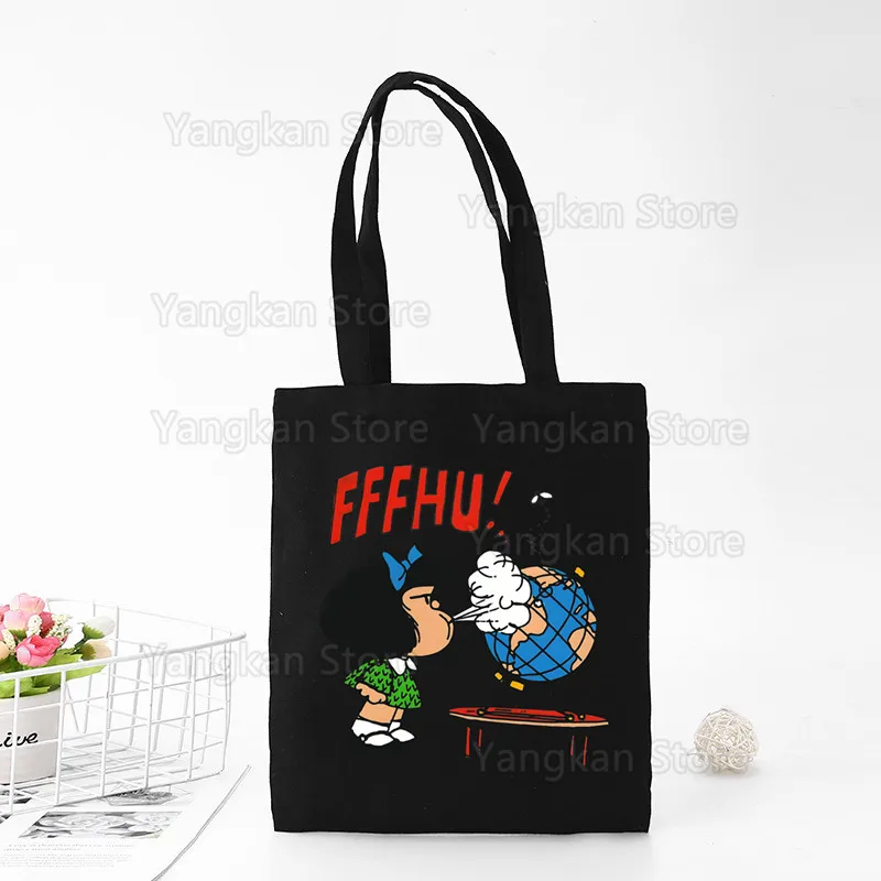 

Mafalda Handbags Cloth Canvas Tote Bag Black Shopping Travel Women Eco Reusable Shoulder Shopper Bags