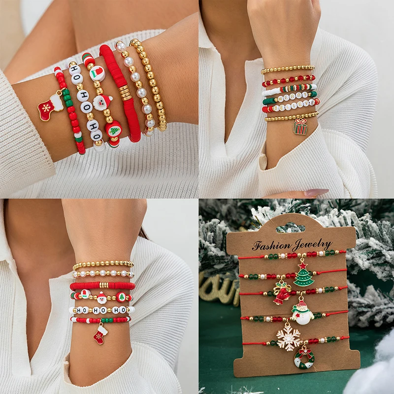 

Multi-piece Christmas Series Snowflake Tree Pendant Beaded Bracelets Set Women Adjustable Bangles Xmas New Year Gift