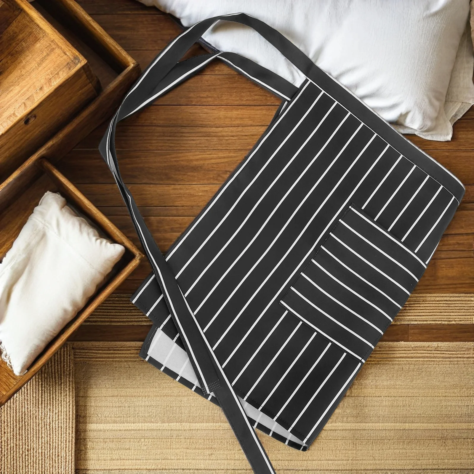 

2Pcs Service Apron Black White Striped Adjustable Waist Tie Half Apron Large Pocket Professional Waitress Bartender Cafe