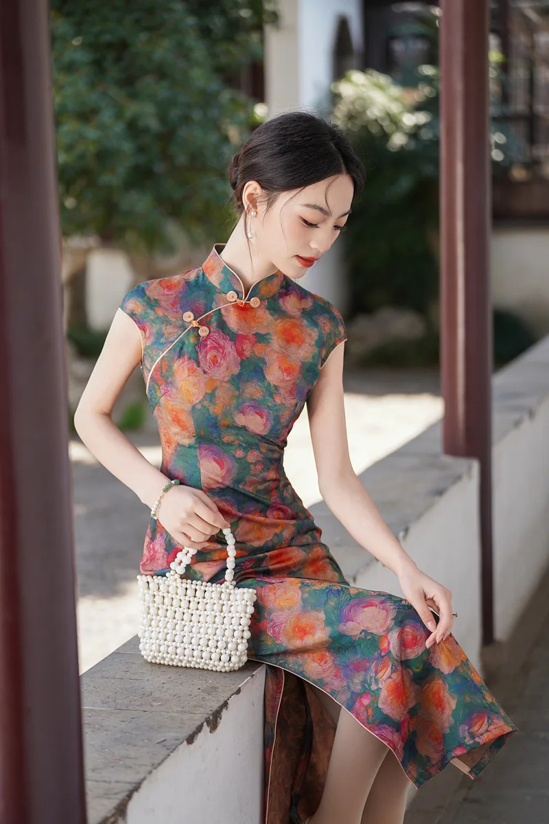 Chinese Style Vintage Handmade Buttons Print Slim High End Improved Cheongsam Dress For Women