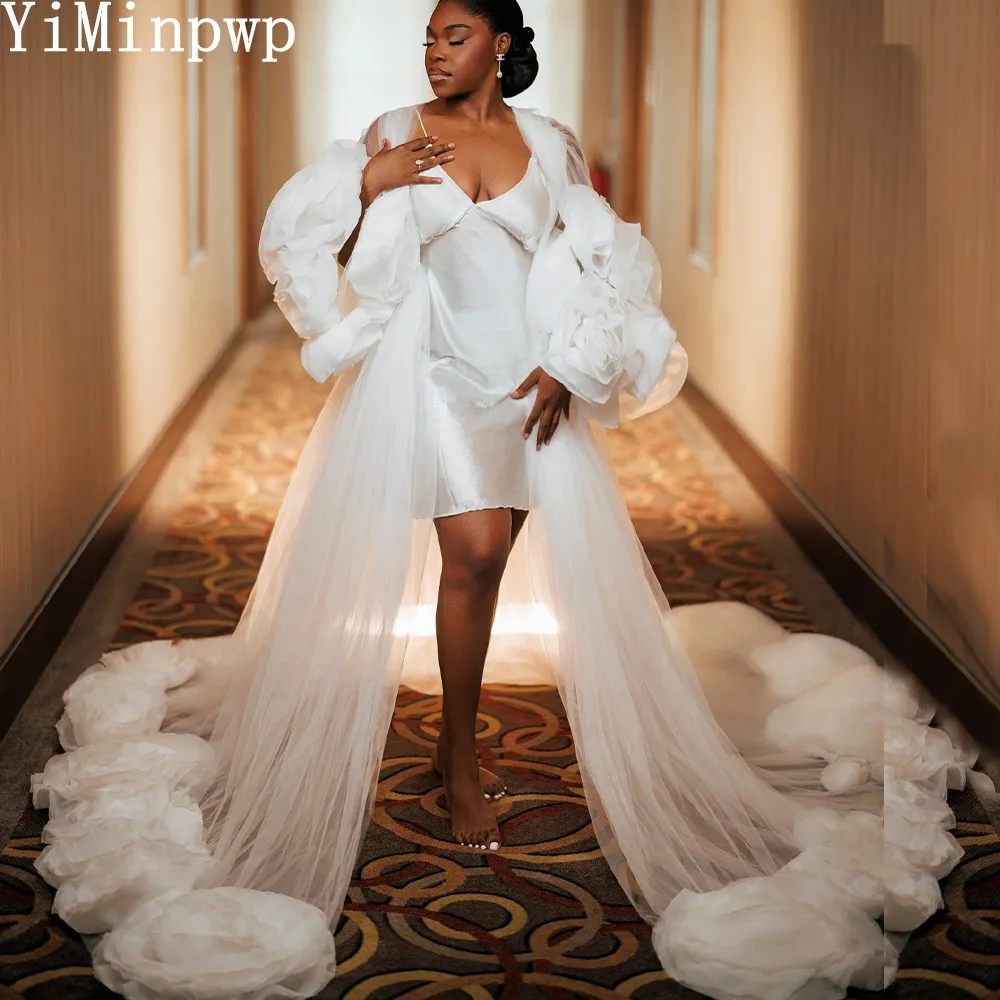African Tulle Wedding Robes for Bride Bridal Shower Dress 2 Pieces 3D Flowers Pre-wedding Photoshoot Morning Robe Customized