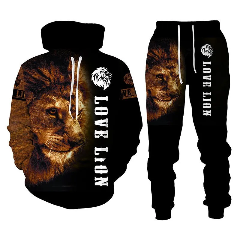 Sudaderas con capucha con estampado de león en 3D para hombre, conjunto de sudadera deportiva con capucha de 2 piezas, conjunto de pantalones de chándal informal para correr al aire libre, Otoño/Invierno