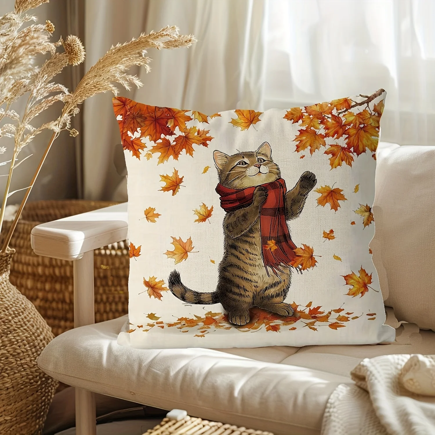 Fall Cat with Red Scarf Print Throw Pillow Cover, Cute Autumn Tabby Cat with Maple Leaves Decorative Cushion