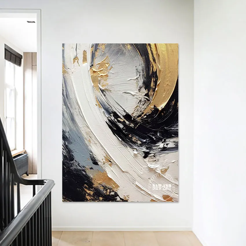 

Картина из золотой фольги, абстрактная картина на холсте, черно-белая текстура, художественное акриловое украшение, безрамная настенная картина для отеля