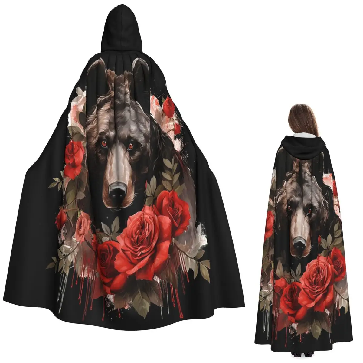 

Gothic Rose Bear Dark Floral Wildlife Art Long Hooded Cloak Witch Medieval Costume Cosplay Cape HalloweenCoat Adult Unisex