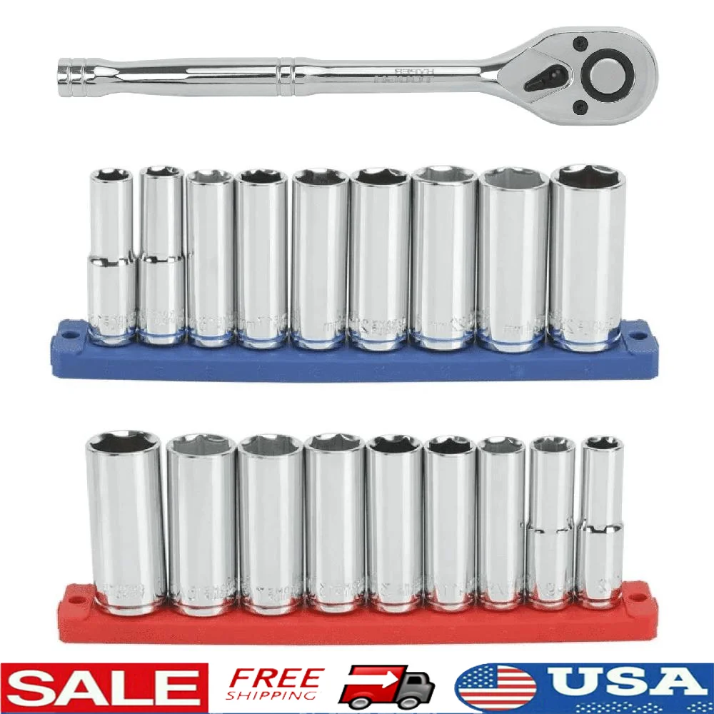 21-Piece Drive Ratchet Deep Socket Set Color-Coded Chrome Vanadium Steel SAE Metric 72-Tooth Reversible Pear Head Precision