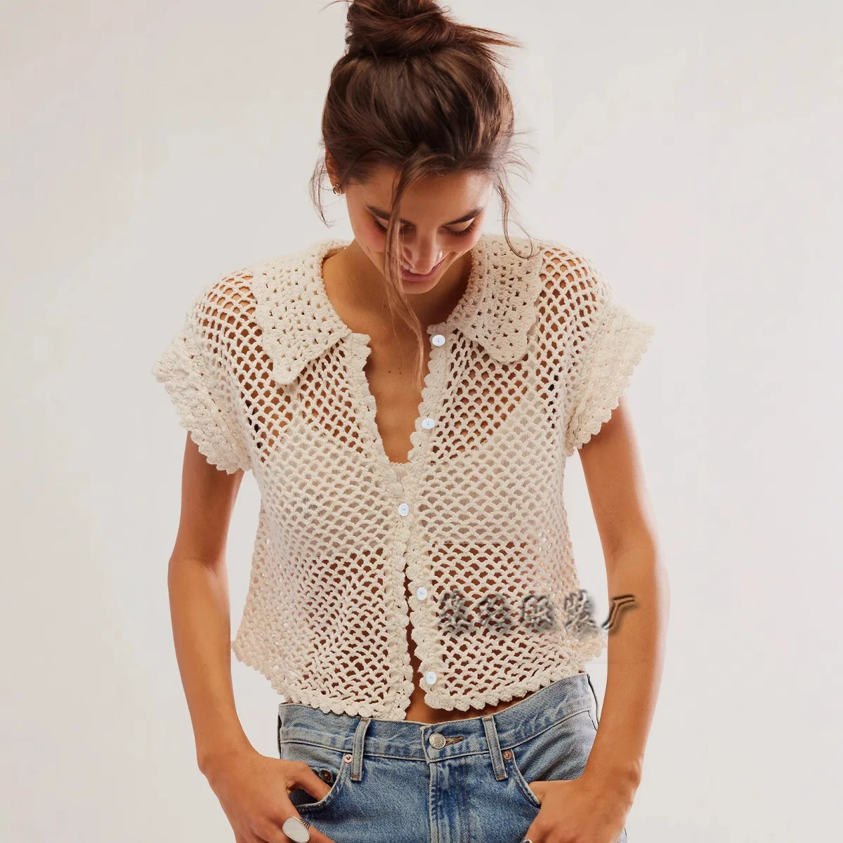 カーディガン女性コートセーター中空アウト半袖ターンダウン襟オープンステッチジャンパーコート Y2k ストリートシングルブレスト