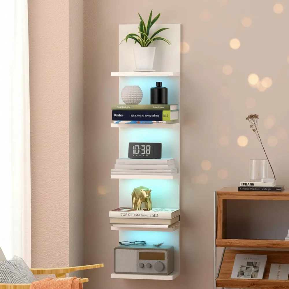 

5-уровневая плавающая настенная полка с RGB-подсветкой, вертикальное хранилище для туалетного столика в спальне, гостиной, белый