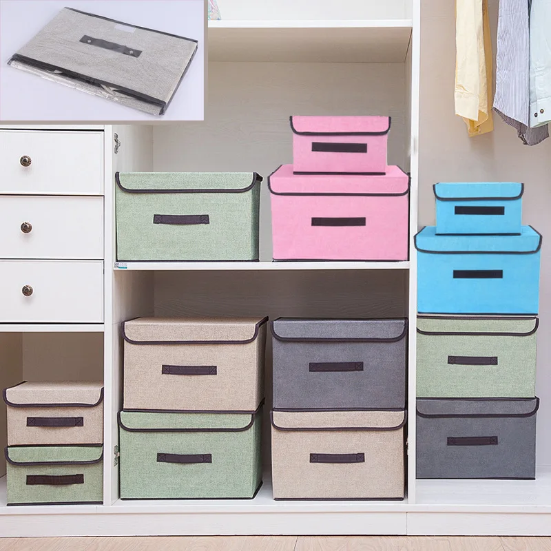 

Basket Storage Box Fabric Linen Organizing Stackable Drawer Laundry Closet Cloth Bin Home Fabric Organizer Collapsible Foldable