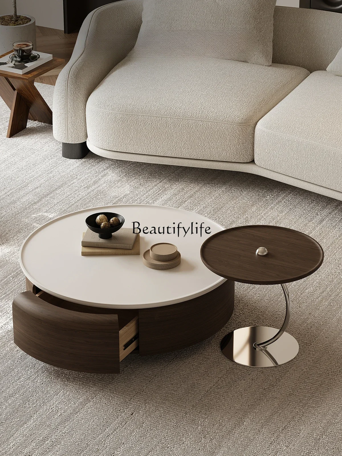 

LJY*coffee table combination round walnut skin art medium and ancient style light luxury