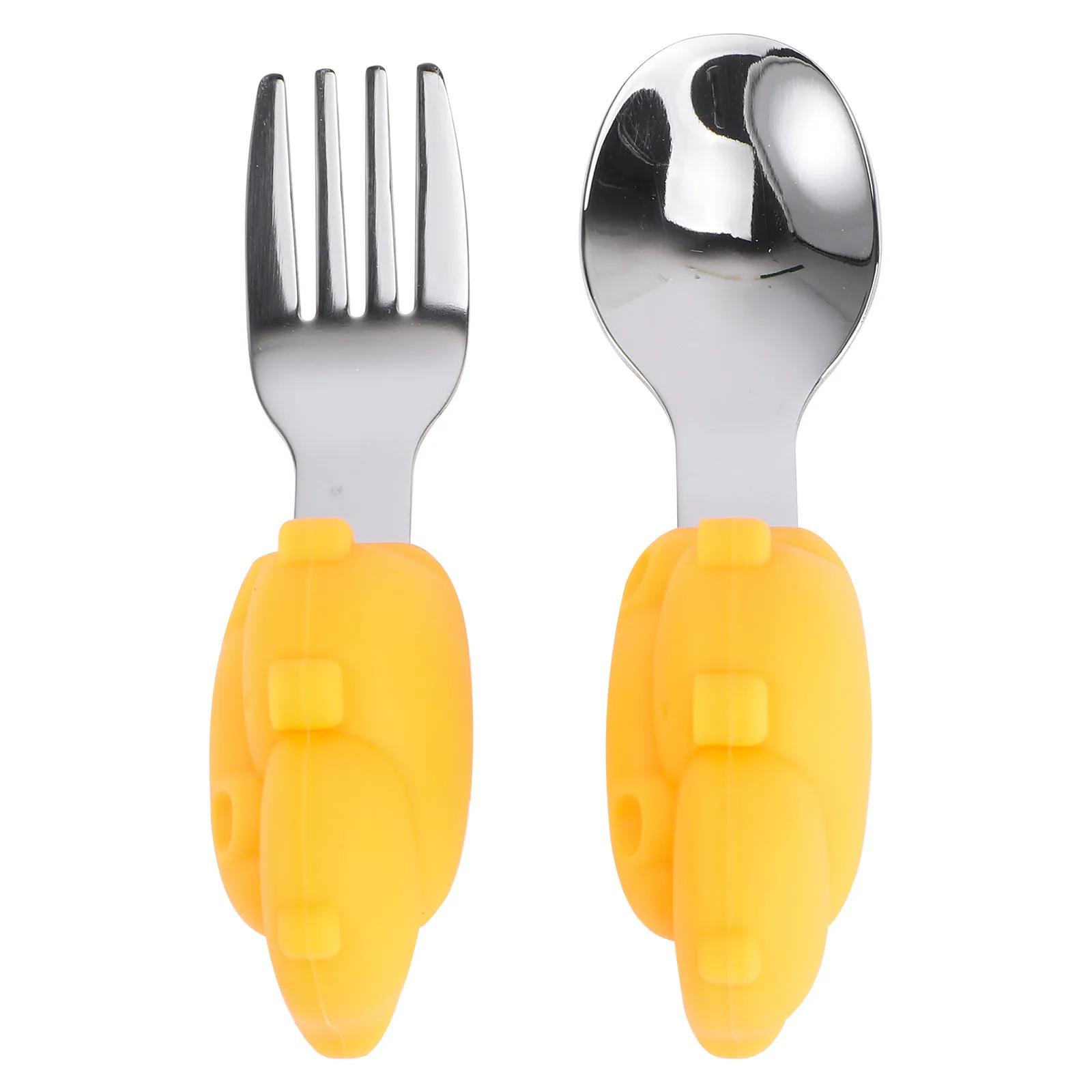 

1Set Silicone Fork Spoon Baby Tableware Stainless Steel Cartoon Non Slip Handle High Temperature Resistant Toddlers