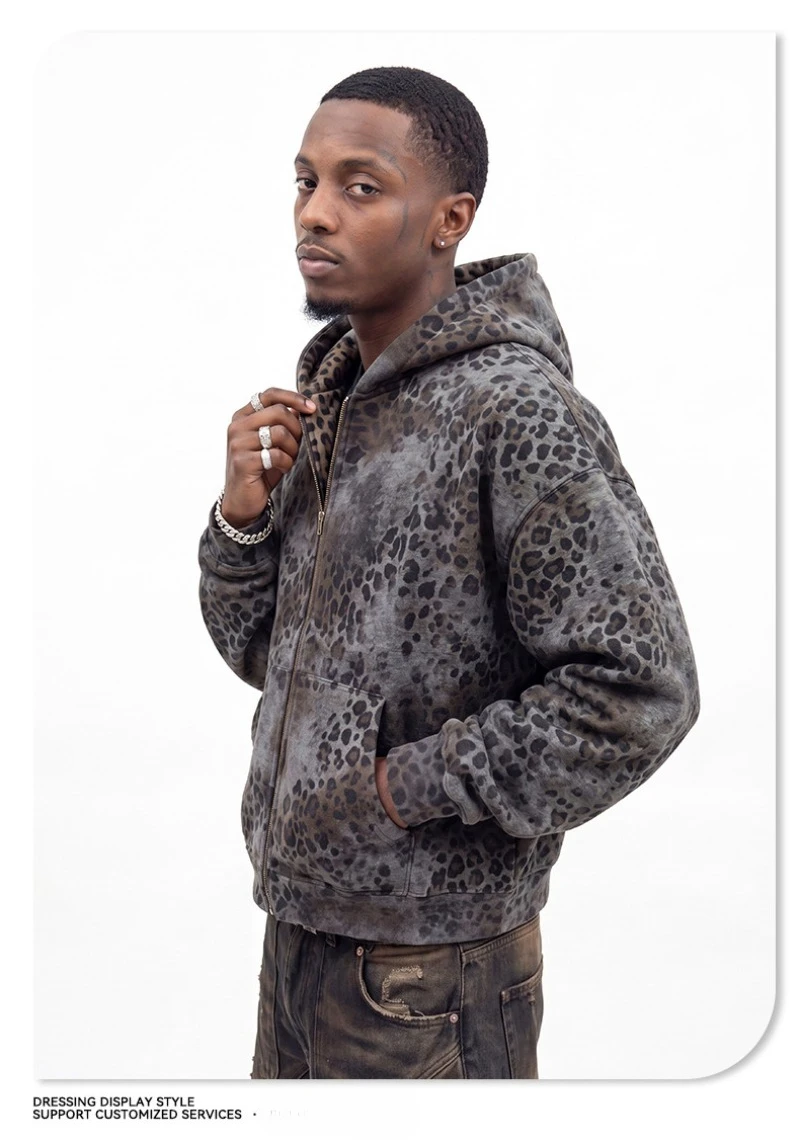 2026 Autumn New American Leopard Print Zip Up Hoodie for Men Y2K Retro Hip-hop High Street Men's Hooded Jacket Streetwear