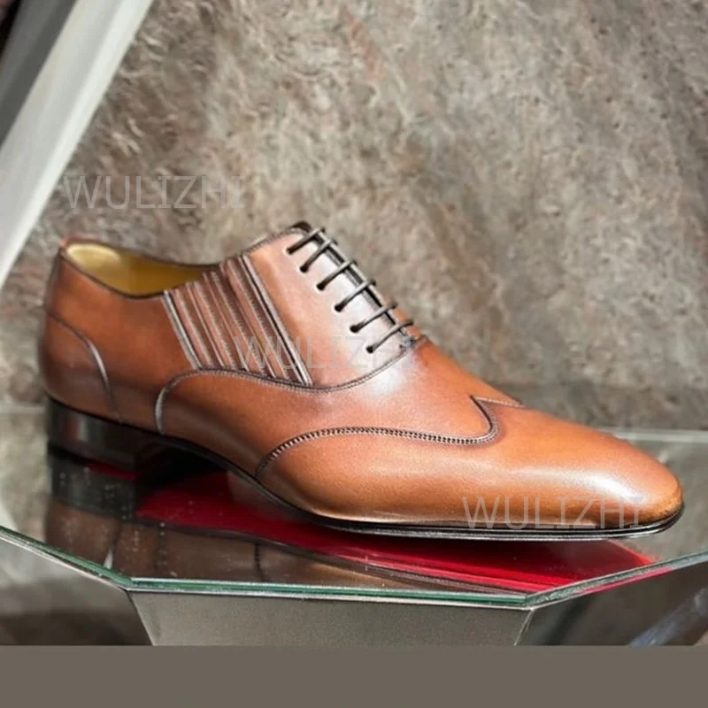 

Caramel Brown Men's Suit Oxfords Black Leather Lace-Up Square Toe Flat Shoes Party Wedding Gentleman Loafers Casual Derby Shoes