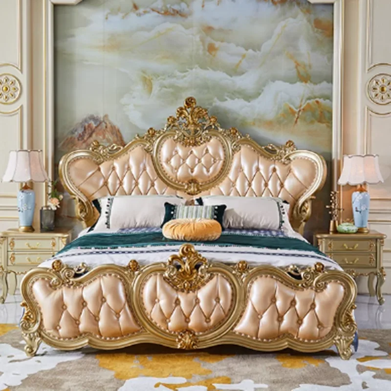 

Gold Modern Wood Double Bed Headboard Luxury Elegant Italian Girls Beds Storage Villa Matrimonial Cama Matrimonial Furniture