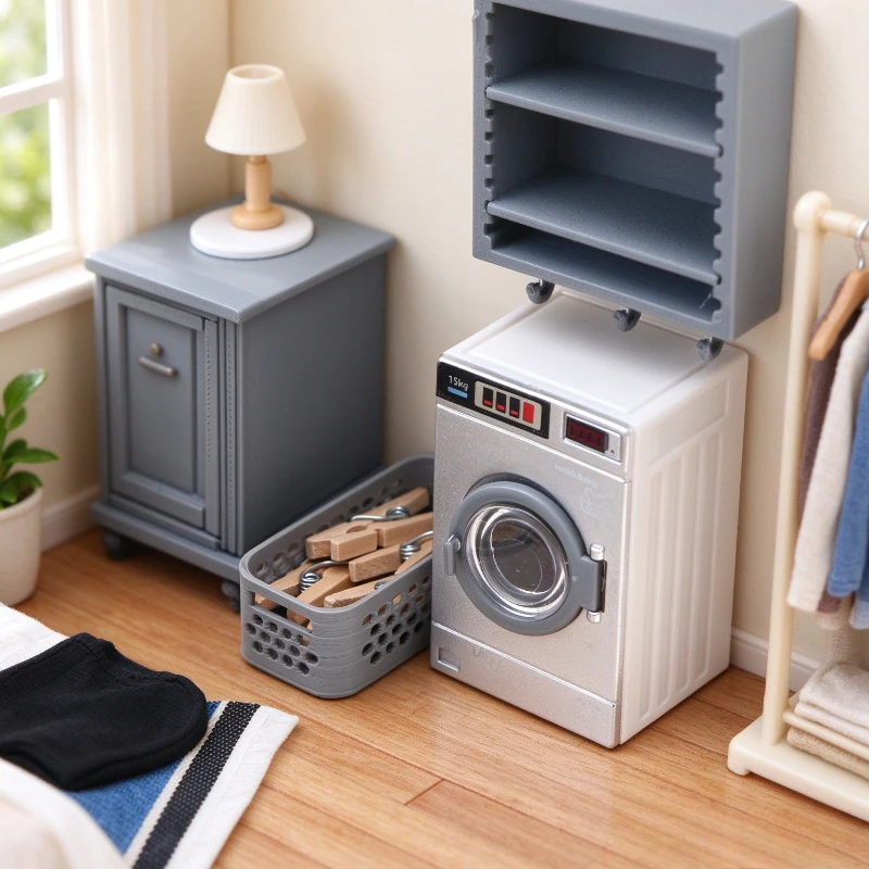 Miniature Realistic Dollhouse Washing Machine with Opening Drum—BJD Miniature Bathroom Scene Furniture, Props, and Accessories