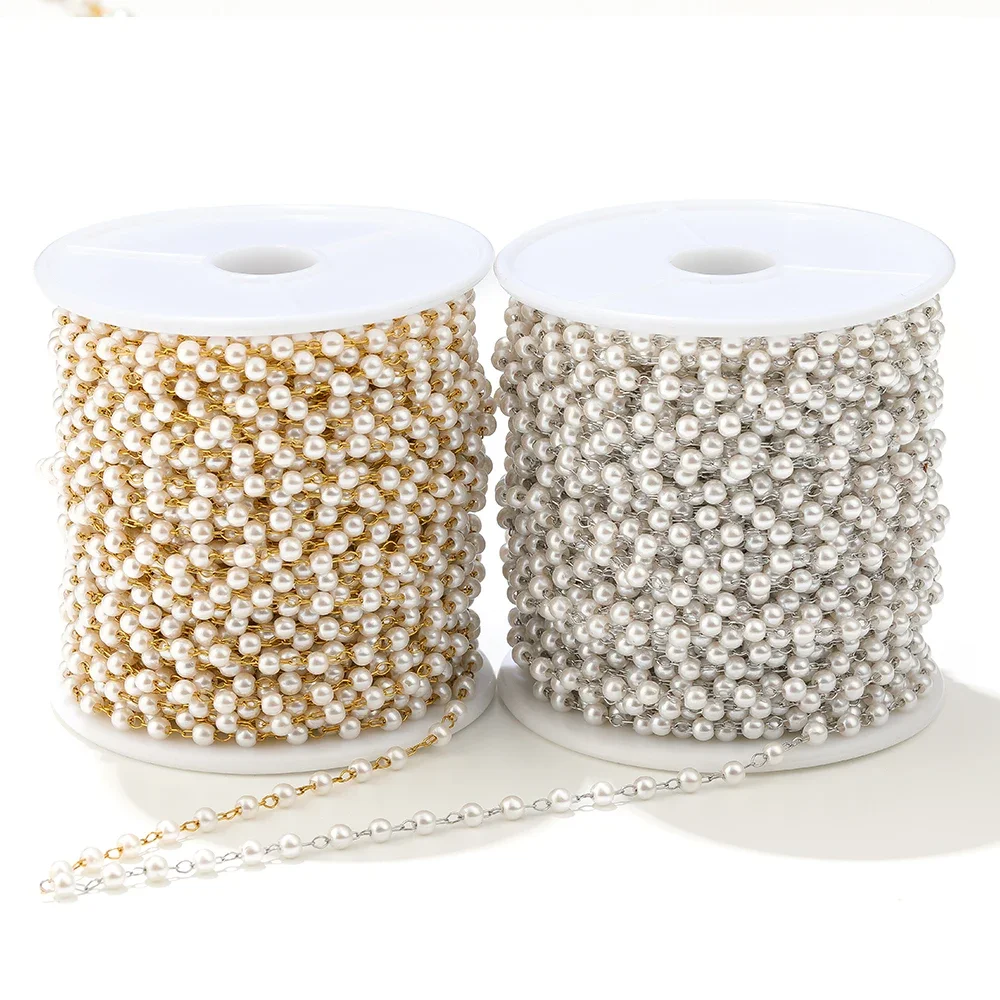 2 Meters White Pearl Chains Stainless Steel Necklace Link Chains Bulk for DIY Jewelry Making Bracelets Findings Anklets Supplies