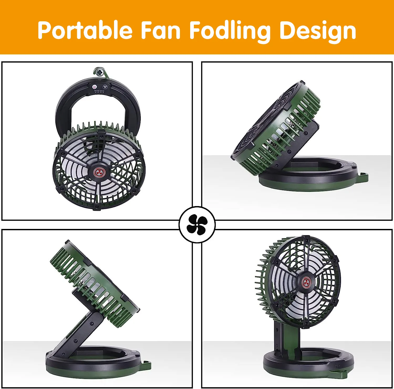 ポータブル電池式充電式扇風機 折りたたみ式キャンプファン LEDナイトライト USB小型卓上扇風機 テント旅行用