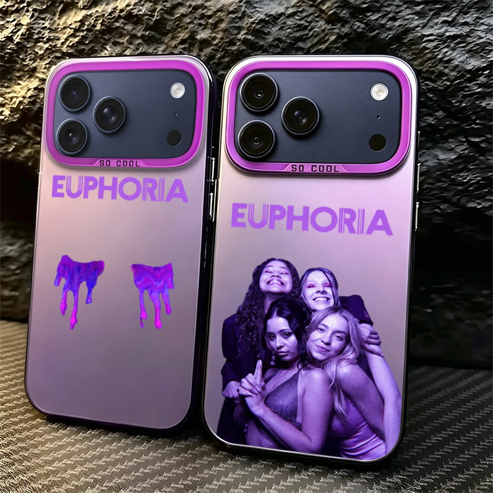 Coque de téléphone Film E-Euphoria pour iPhone 11 12 13 14 15 16 17 E Pro Max Plus Mini, argent électroplaqué, IMD, laser violet