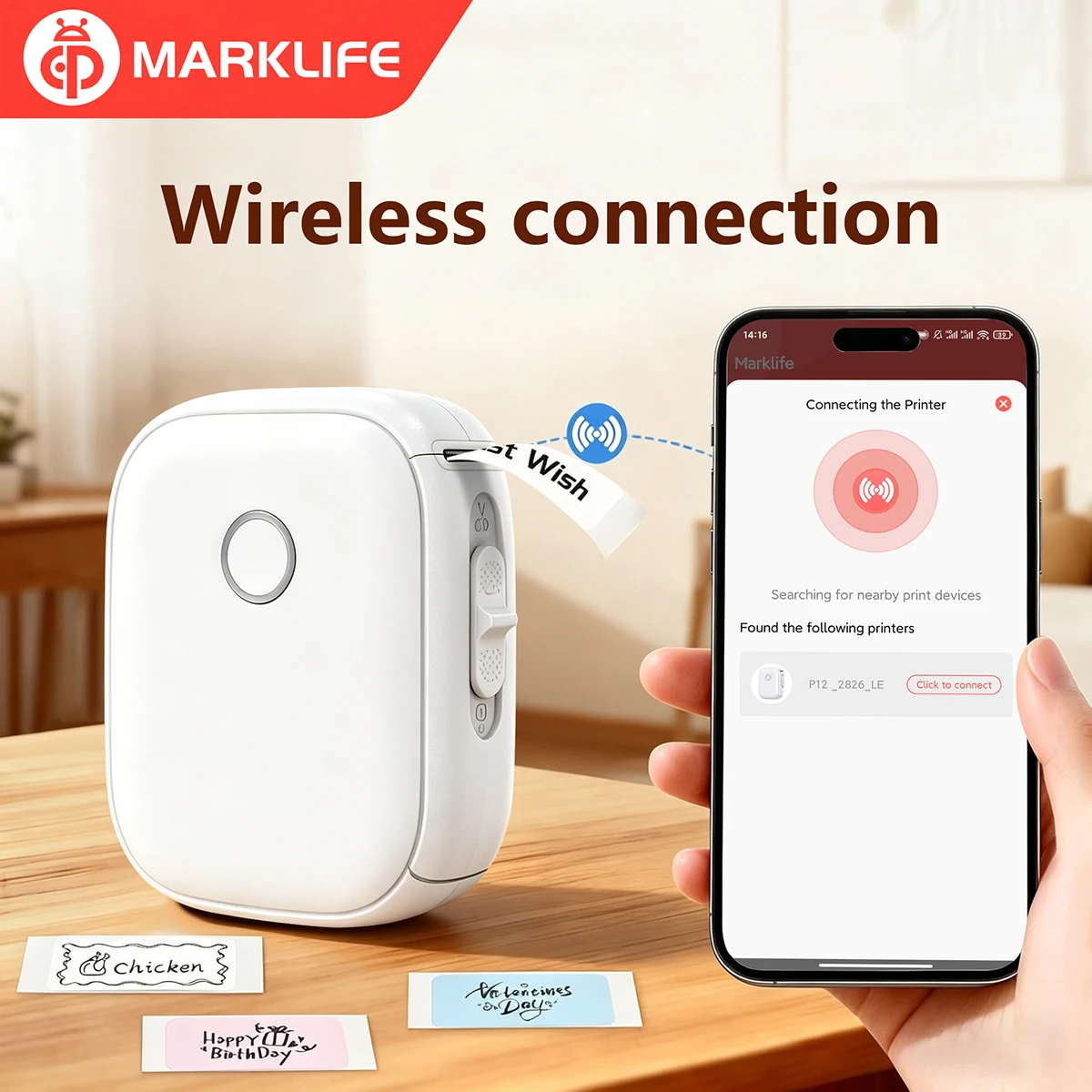 Marklife Thermal Label Printer P12 Protable Continuous Paper Self-adhesive Printer Mfor Home Office Kitchen To Tag/Marking/Gift
