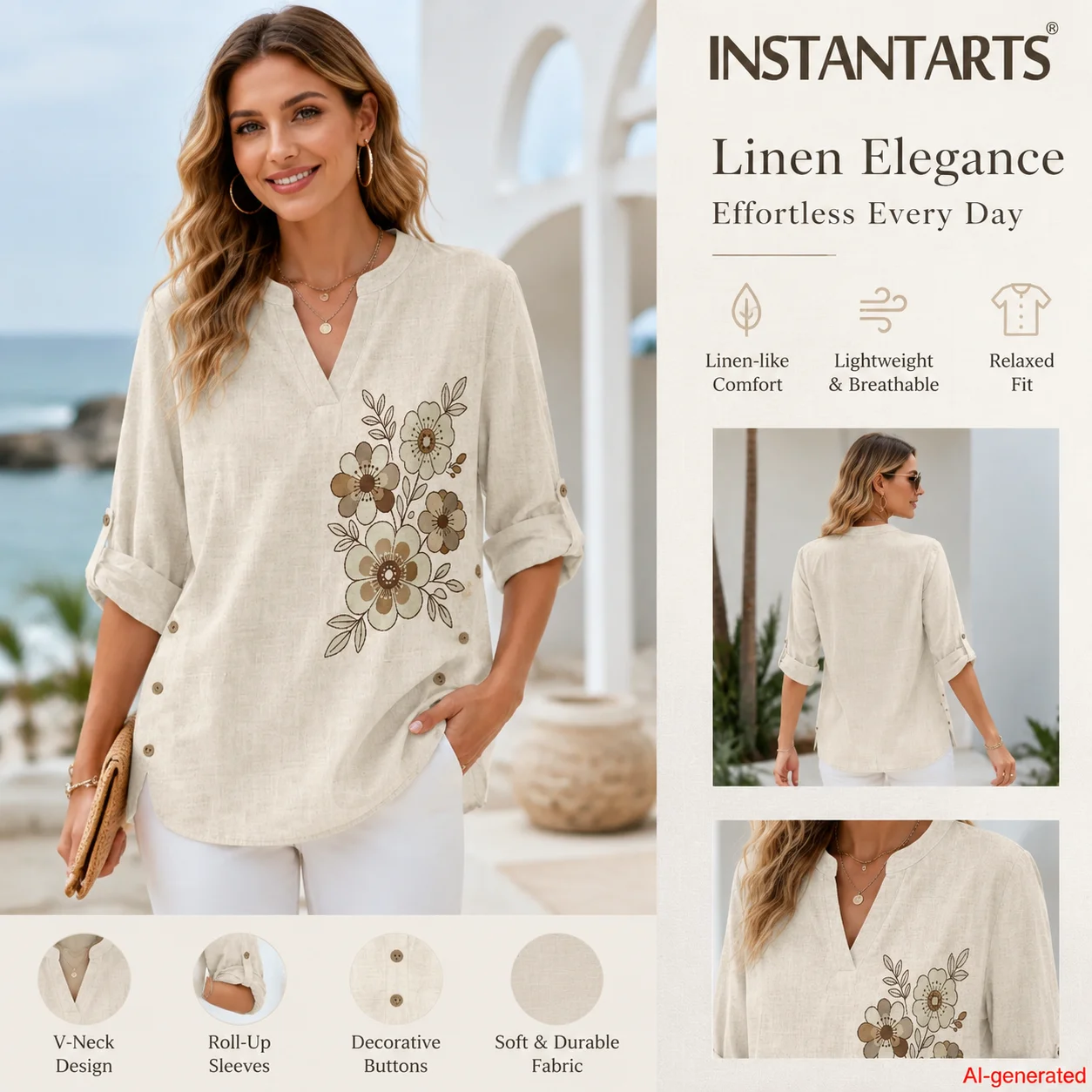 INSTANTARTS Cheap Clothes Women's Linen V-neck Shirt Floral Shirts Women High-quality Women's Clothing Leinenhemd Damen S-3XL