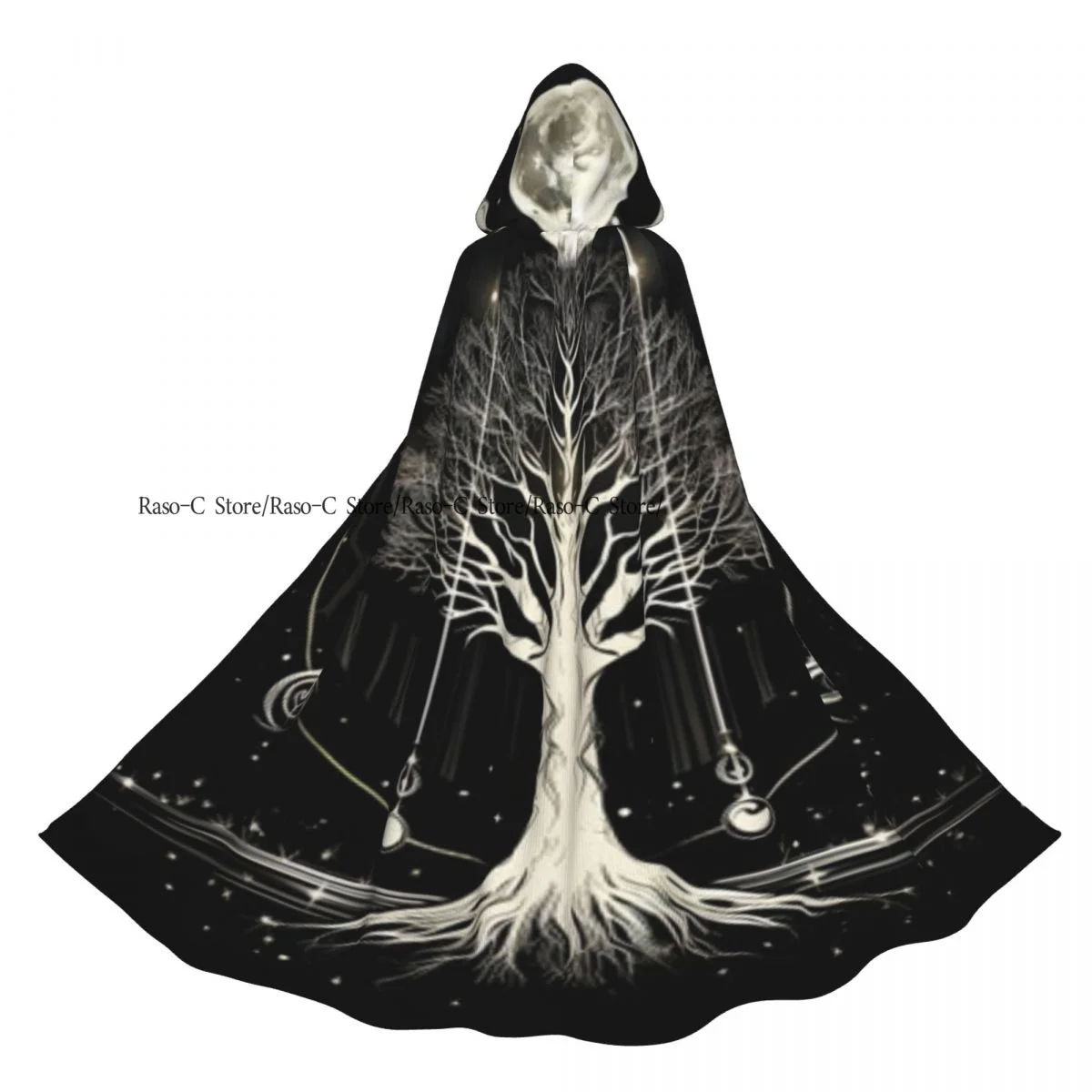 Unisex Witch Party Reversible Hooded Adult Vampires Cape Cloak Magic Tree With Stars And Planets Old Paper Background