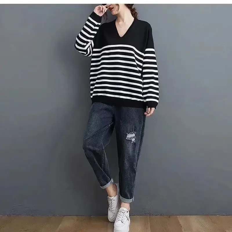 Spring Autumn Plus Size Loose Long Sleeve V Neck All-match Knitting Sweaters Striped Pullovers Top Vintage Fashion Women Clothes