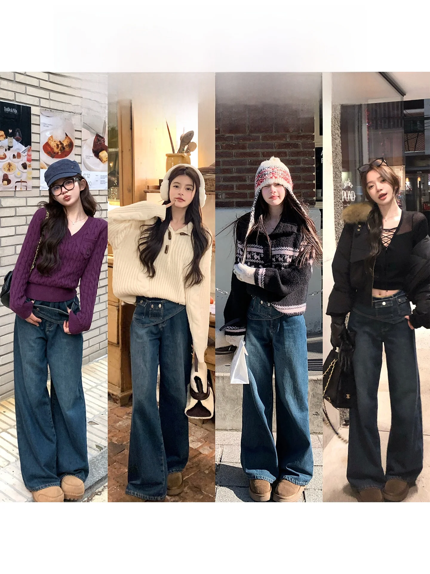 

Jiannan Chen NNS Wide Leg Denim Jeans Women's Autumn Faion American Sle Fce Treaent Detachable Belted Jeans