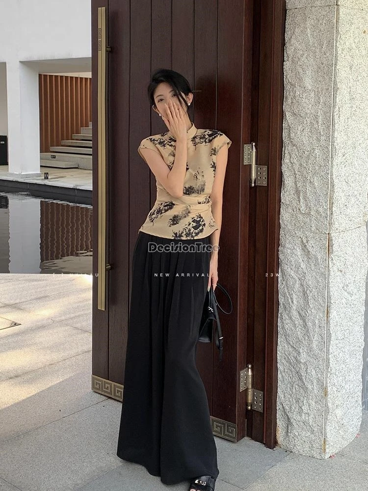 2024 chinese style retro cheongsam top printing elegant lady party blouse stand collar diagonal front buckle sleeveless shirt