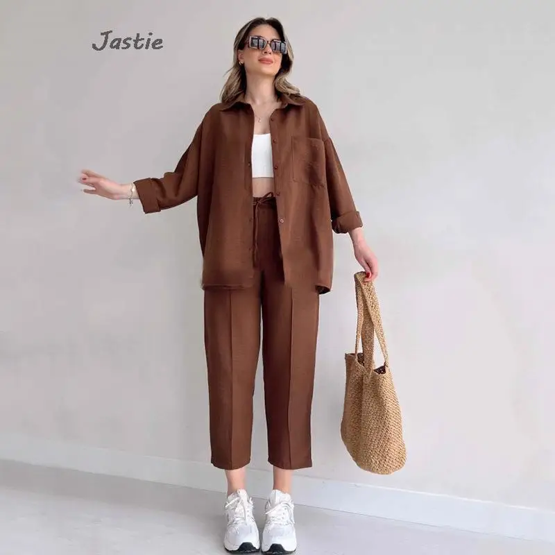 Solid Single Breasted Shirt Suits Spring Summer Fashion Long Sleeve Shirt Straight Leg Pants Two Piece Set For Women Outfit 2023