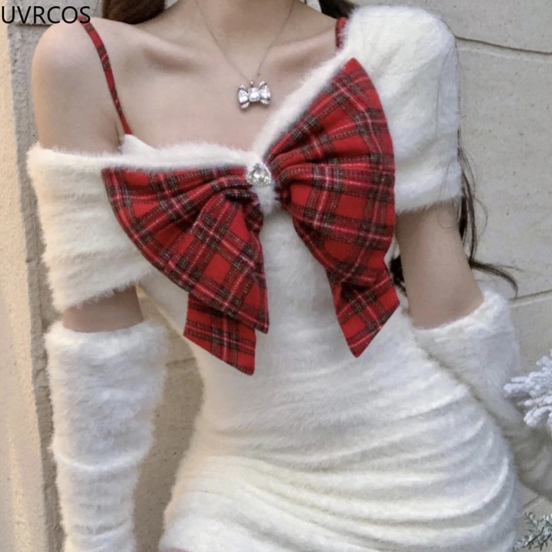 Winter Kawaii Lolita Christmas Party Dress Women Faux Fur Plaid Bow Off Shoulder Dresses Korean Fashion High Waist Bodycon Dress