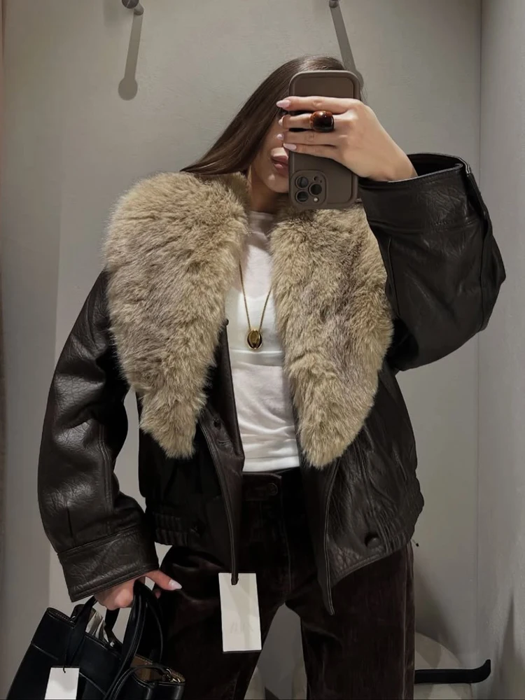 HH Giacca da donna in pelle con collo in pelliccia sintetica vintage Colletto staccabile invernale Cappotto bomber doppio petto Capispalla femminile da strada