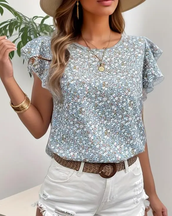 

2026 Spring/summer New Fashion Casual Women's Elegant Sexy Loose Floral Round Neck Lotus Leaf Sleeve Short Sleeve Top