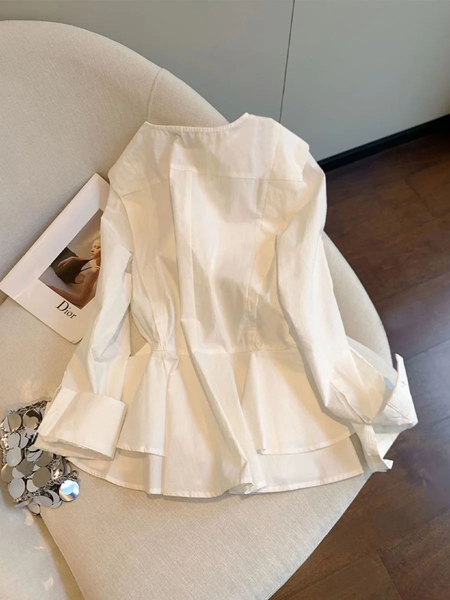 Ele branco longo sve redondo ne irt masculino feminino outono suave sle redução de idade versátil cintura cinching na moda topo