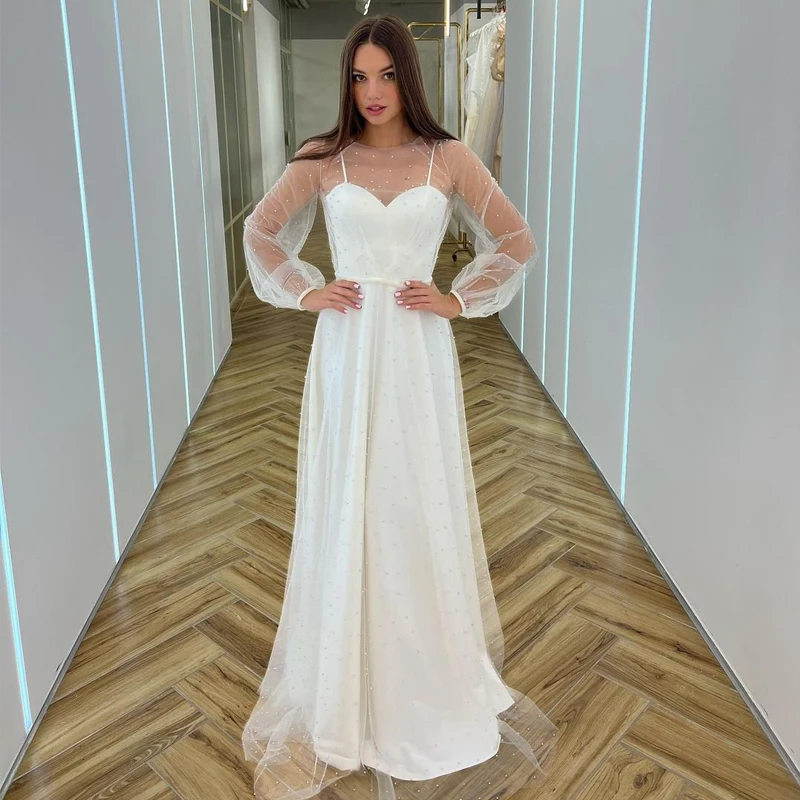 

Eightree Sexy Wedding Dresses White Puff Sleeve Pearls Bride Dress Boho Beach A-Line Princess Wedding Evening Gowns Plus Size