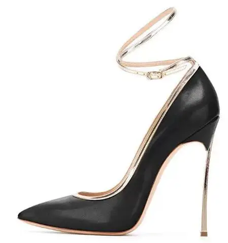 

Sexy Women Black Leather Gold Trim Patchwork Metal Blade Heels Pumps Female Pointed Toe Shallow Ankle Buckle Strap Party Shoes