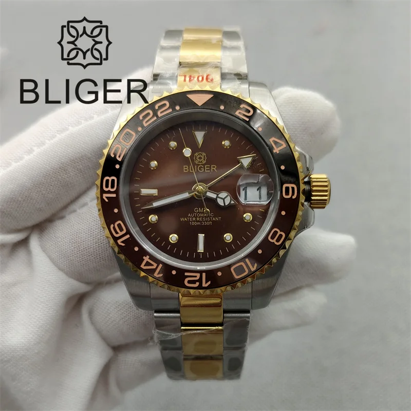 BLIGER 40mm Luxury NH34 GMT Watch For Men Two Tone Yellow Gold Bracelet Brown Dial Green Luminous Sapphire Glass Waterproof Date