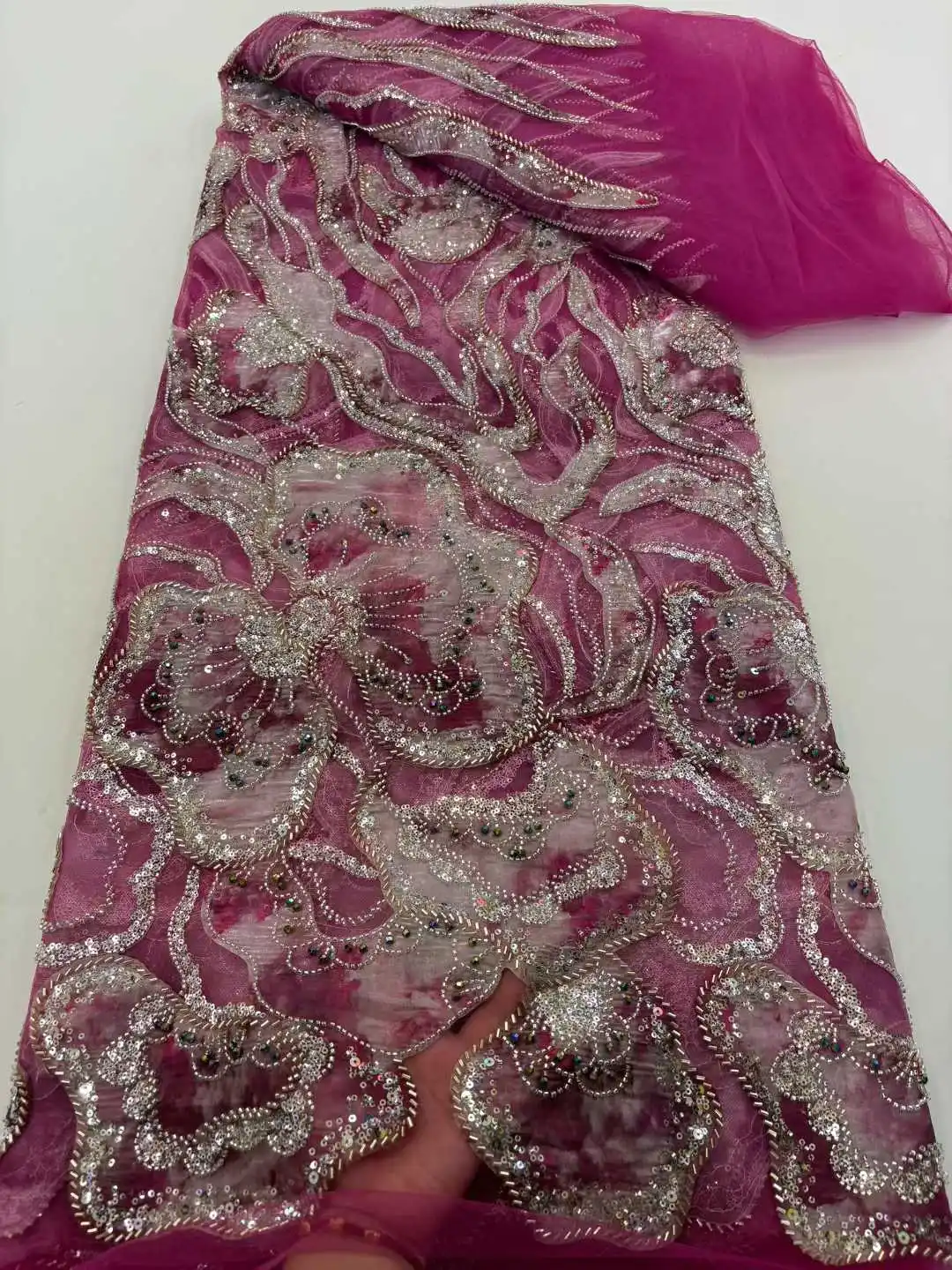 Luxuriöser Chiffon-Spitzenstoff, afrikanisch, 2025, hochwertige Spitze, 5 Yards, Pailletten, nigerianischer französischer Stoff für Abendparty-Kleider für Damen