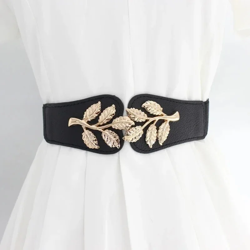 Women's Waist Cover Fashionable Gold Leaf Elastic Waist Closure With Double Hook Buckle Wide Belt Paired With Skirt Women Belt