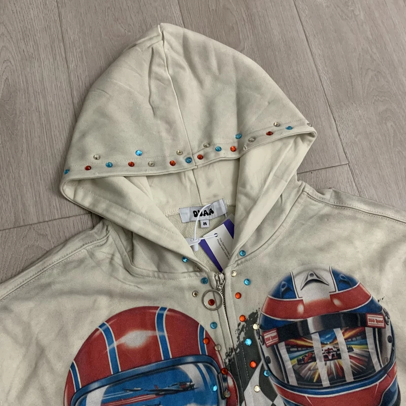 Beige Colorful Rhinestone Duaa Jacket Vintage Distressed Washed Worn Racing Helmet Zipper Hoody Oversize Men Women Street Outfit