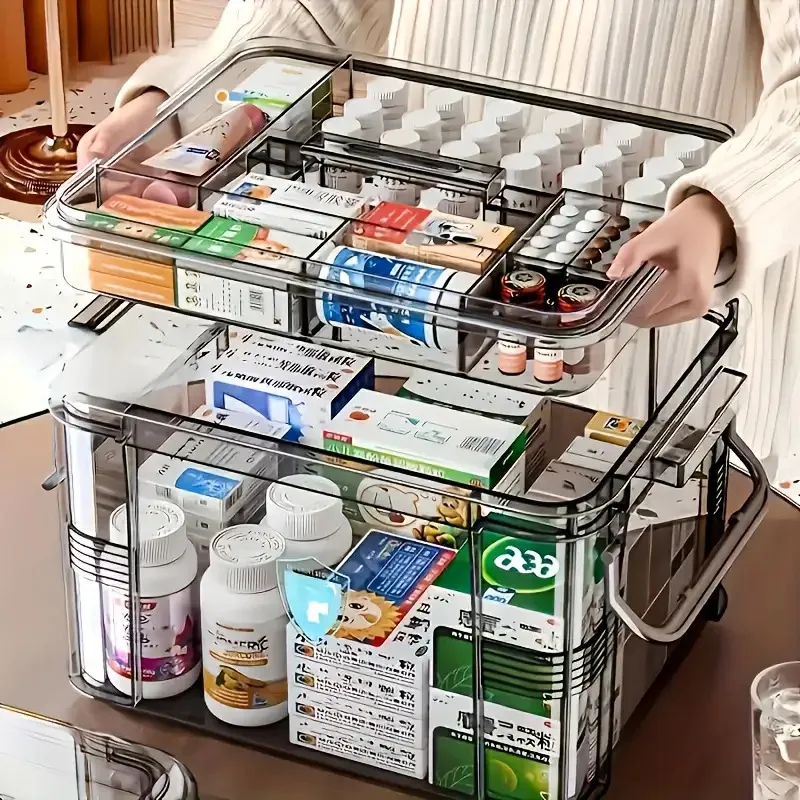 1pc Double-Layer Medicine Storage Box - Transparent Gray Waterproof with Handle for Home Travel