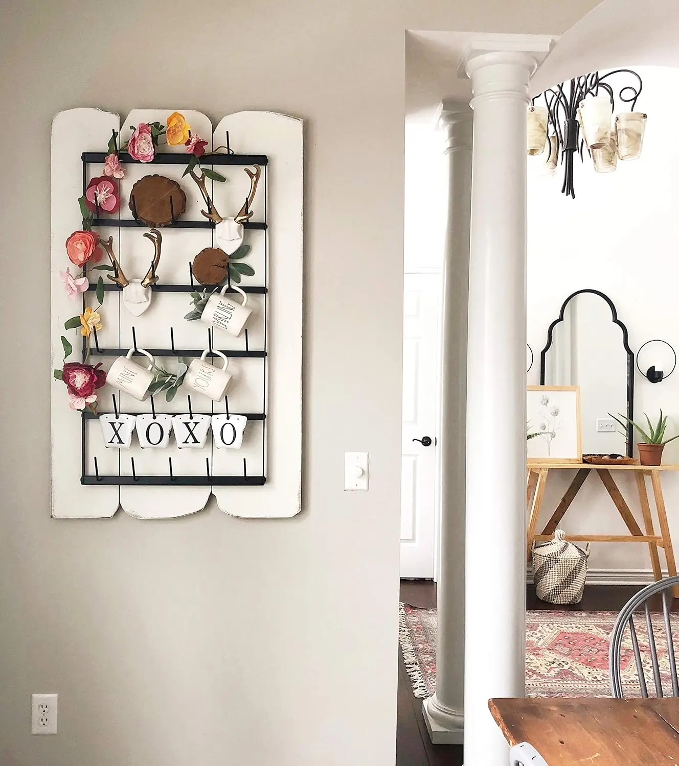 Large Wall-Mounted Coffee Mug Rack, Rustic Black Iron Steel Kitchen Organizer with 6 Rows, Holds 27 Cups, Jar and Plate Holder, Vertical Display Storage Rack, Farmhouse Home Decor