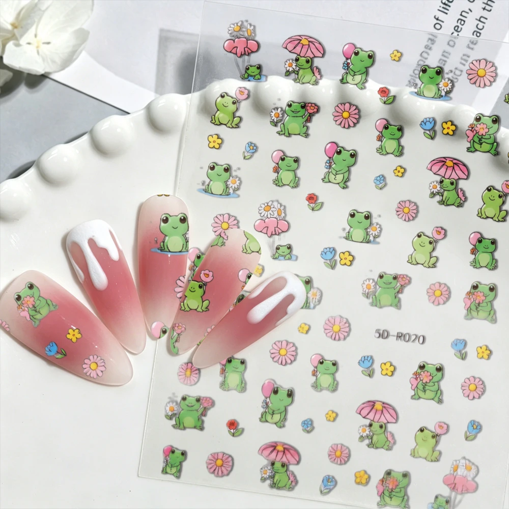 2pcs Cartoon Green Frog Flower Nail Art Stickers Cute Round-eyed Frog Lotus Leaf Nail Decals Blushing Frog Summer Child Stickers view 3