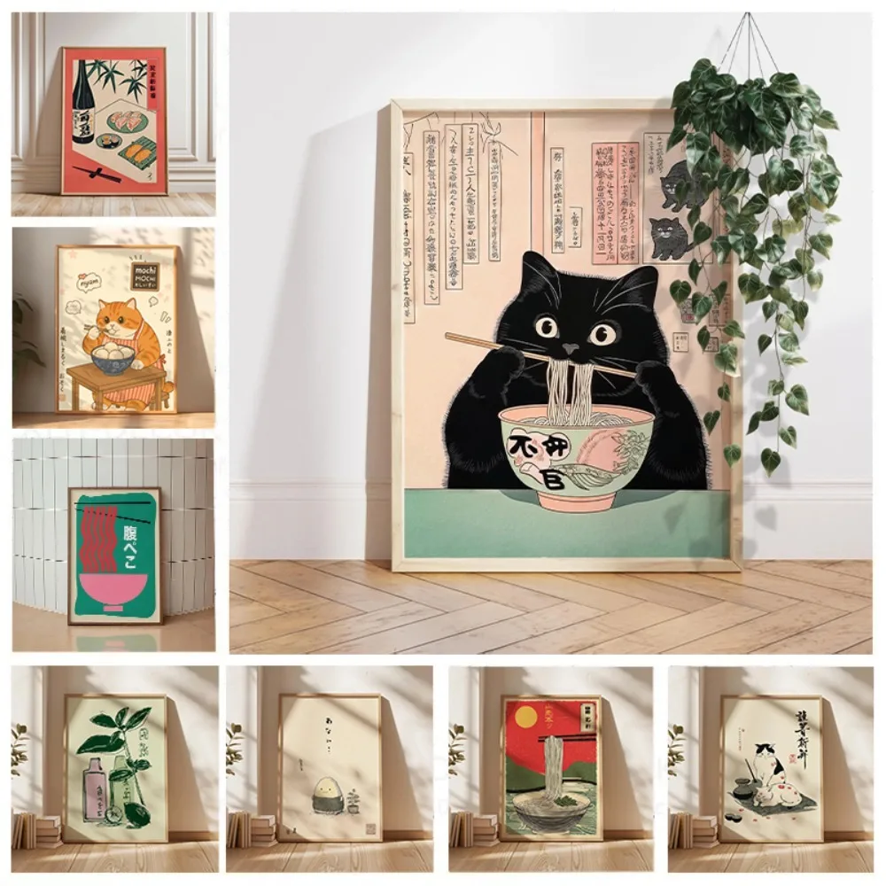 1 Frameless Funny Black Cat Poster, Black Cat Eating Noodles, Animal Poster Printing, Kitchen Restaurant Wall Art Decoration