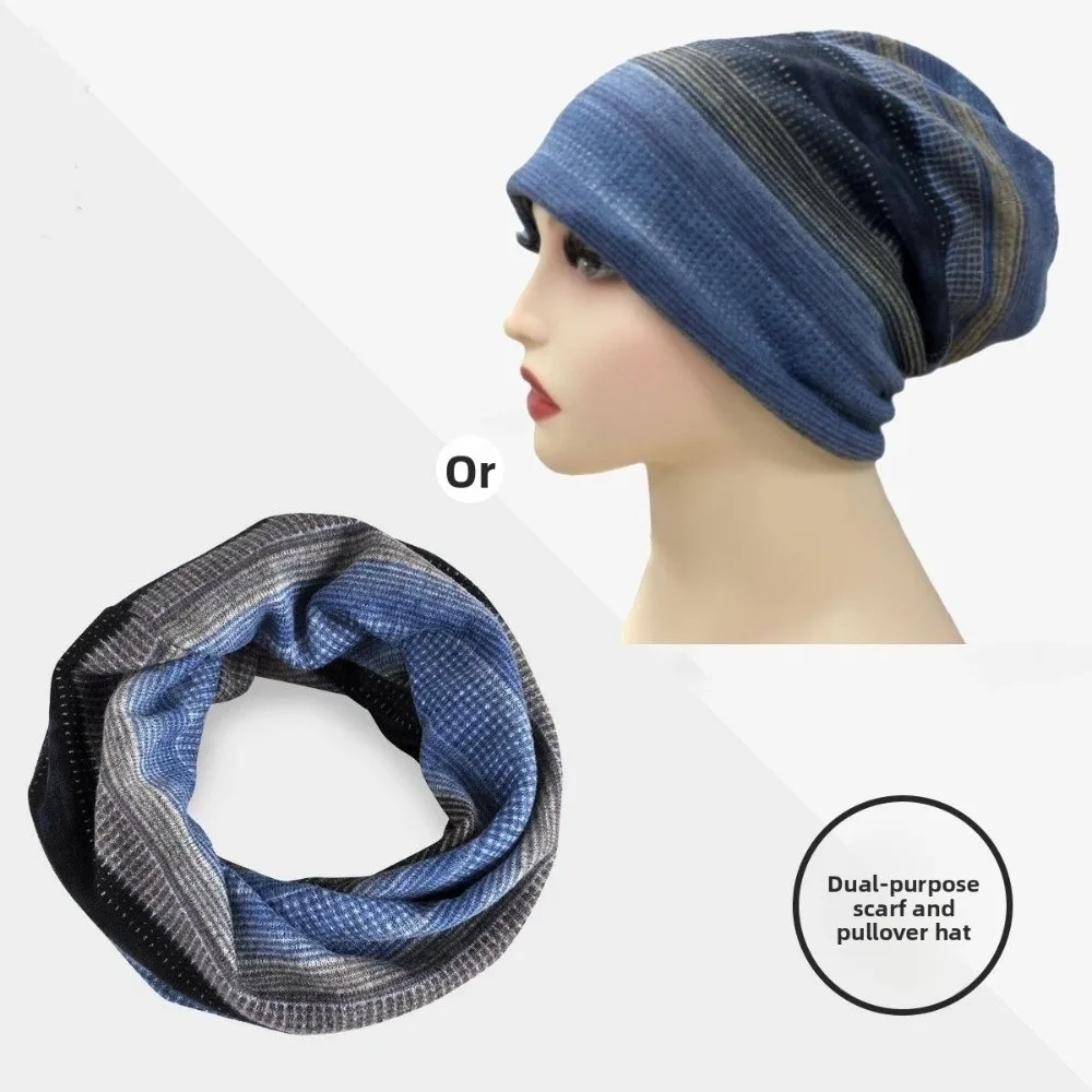 Contrasting Colors Pullover Hat Stripe Print Multifunctional Turban Hats Scarf Pullover Hat Keep Warm Women's Pile Hat