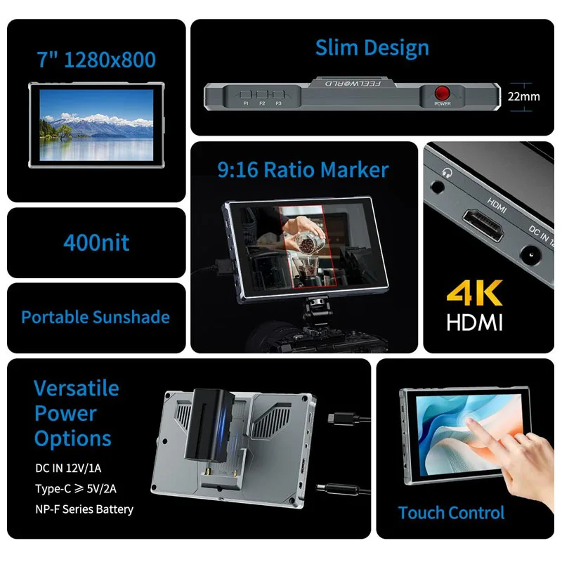 شاشة فيديو ميدانية للكاميرا Feelworld FW759 PRO شاشة لمس 7 بوصة 4K HDMI 1280x800 IPS