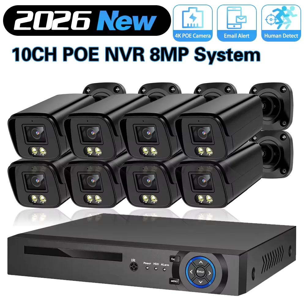 

Новый комплект системы видеонаблюдения 8 МП с камерами 4K, аудиомикрофоном, H.265, POE NVR, цветным ночным видением, для домашнего и наружного наблюдения, 10-канальный набор